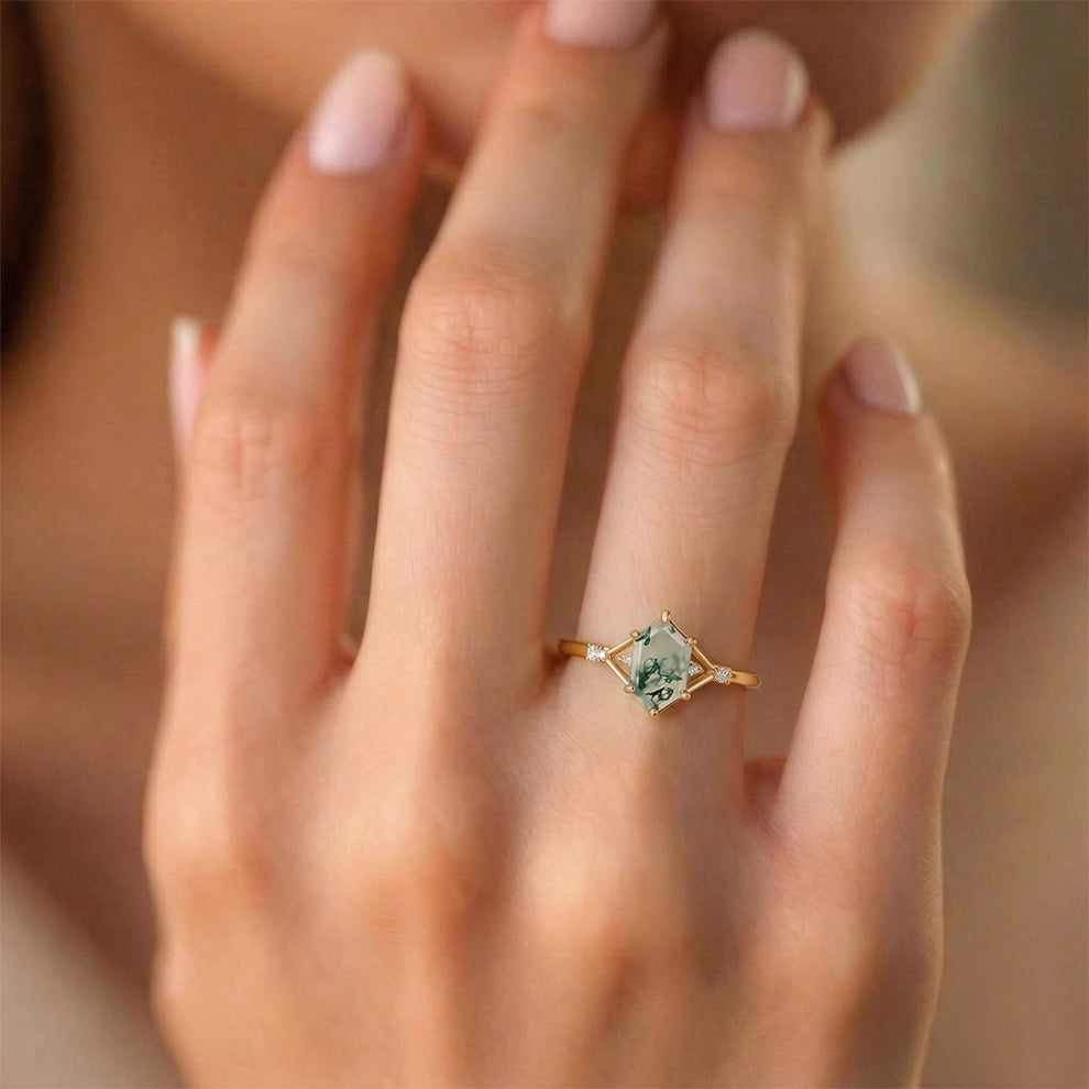 Nature Inspired Hexagon Cut Moss Agate Engagement Ring.