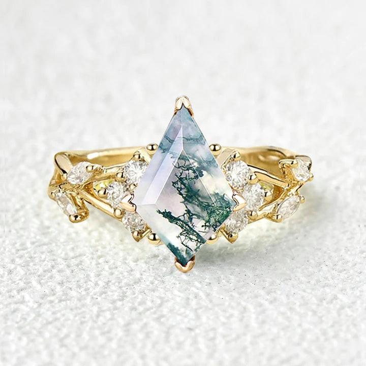 Kite Moss Agate Cluster Marquise Gold Engagement Ring.