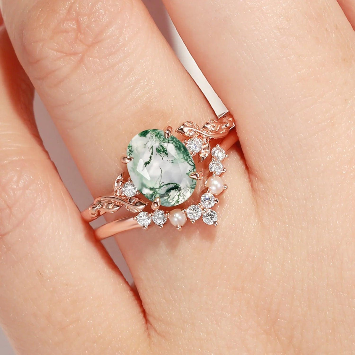 Clover Oval Cut Moss Agate & Pearl Leafy Gold Ring Set 2pcs.