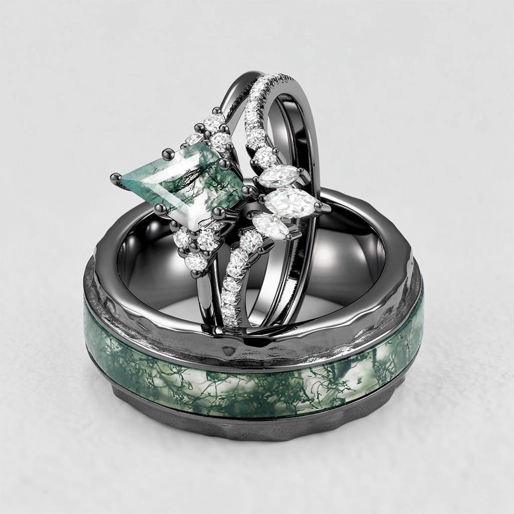Genevieve’s Harmony | Luxurious Eternal Moss Agate Couple Ring Set 3pcs.