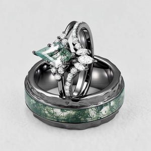 Genevieve’s Harmony | Luxurious Eternal Moss Agate Couple Ring Set 3pcs.