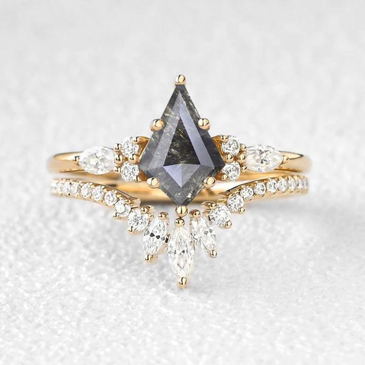 Adela’s Promise | Kite Cut Moss Agate Three Stone Engagement Ring Set 2pcs.