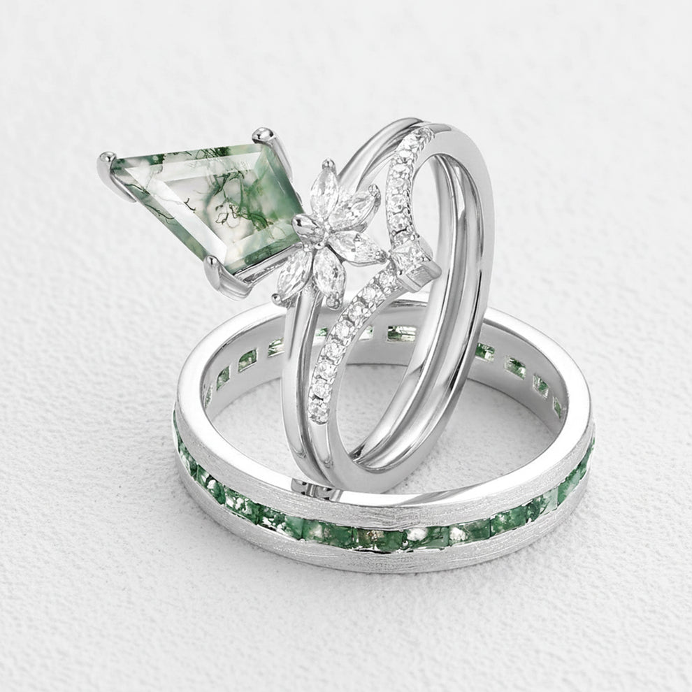 Flora’s Grove | Kite Cut Moss Agate Couple Ring Set 3pcs.