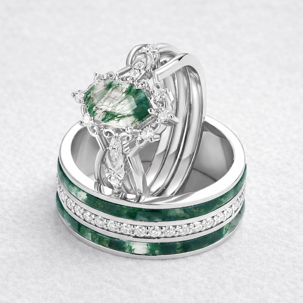 Isolde’s Enclave  | Vintage Long Hexagon Moss Agate & Moissanite Couple Ring Set 3pcs.