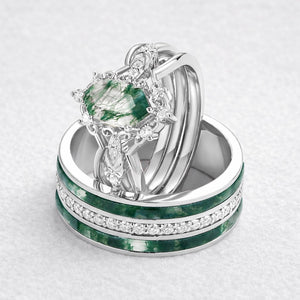 Isolde’s Enclave  | Vintage Long Hexagon Moss Agate & Moissanite Couple Ring Set 3pcs.