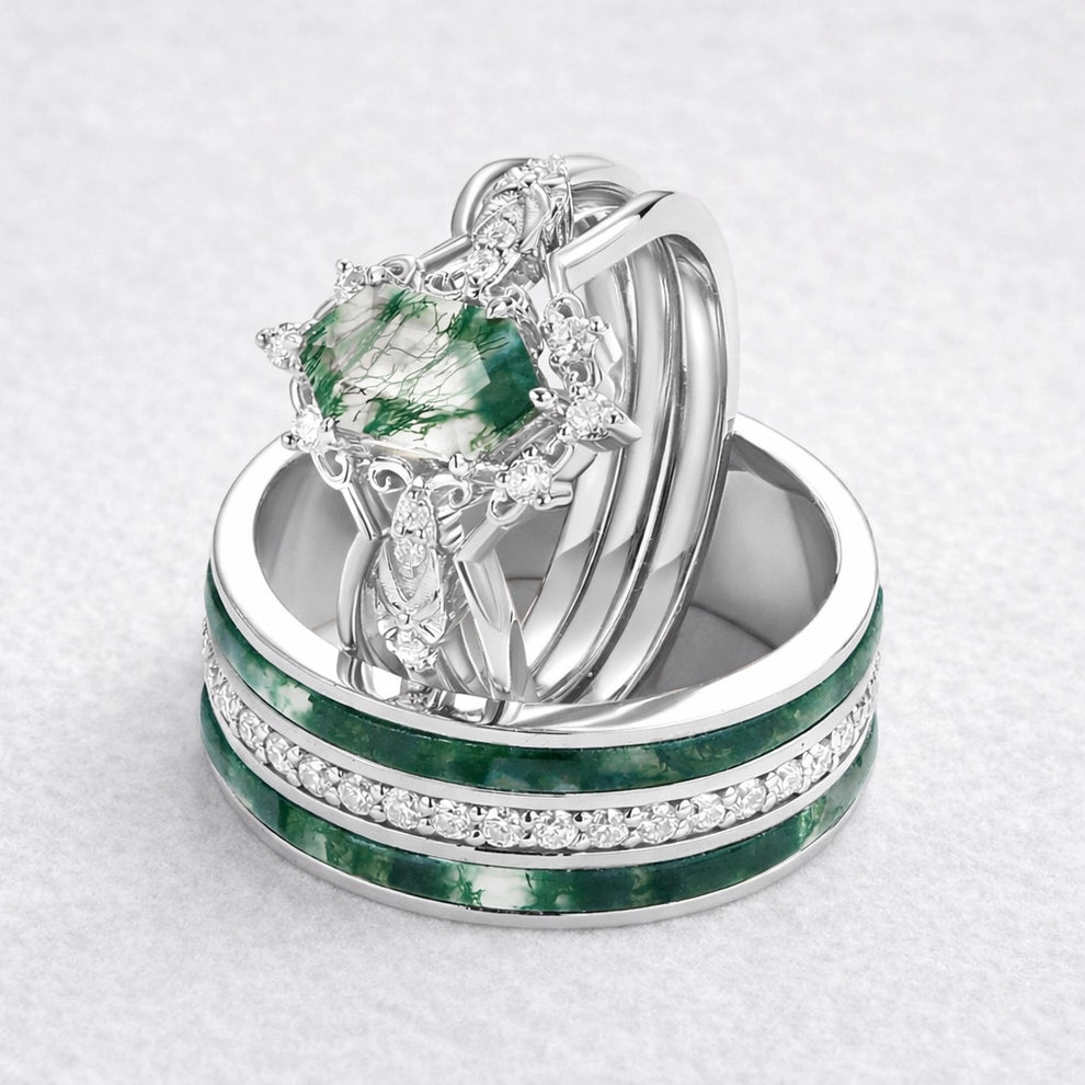 Isolde’s Enclave  | Vintage Long Hexagon Moss Agate & Moissanite Couple Ring Set 3pcs.