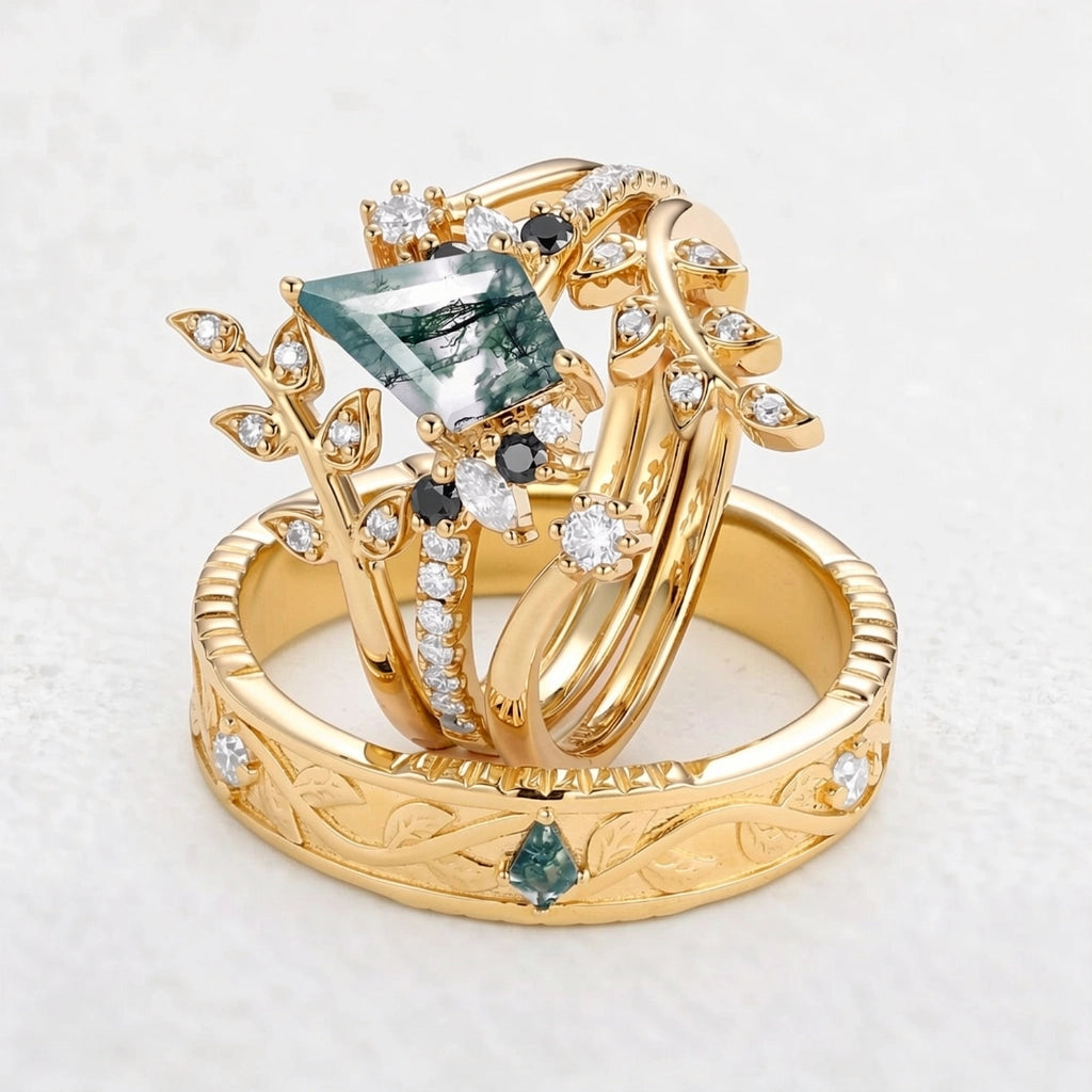 Fourfold Bond | Kite Cut Moss Agate & Black Moissanite Couple Ring Set 4pcs.