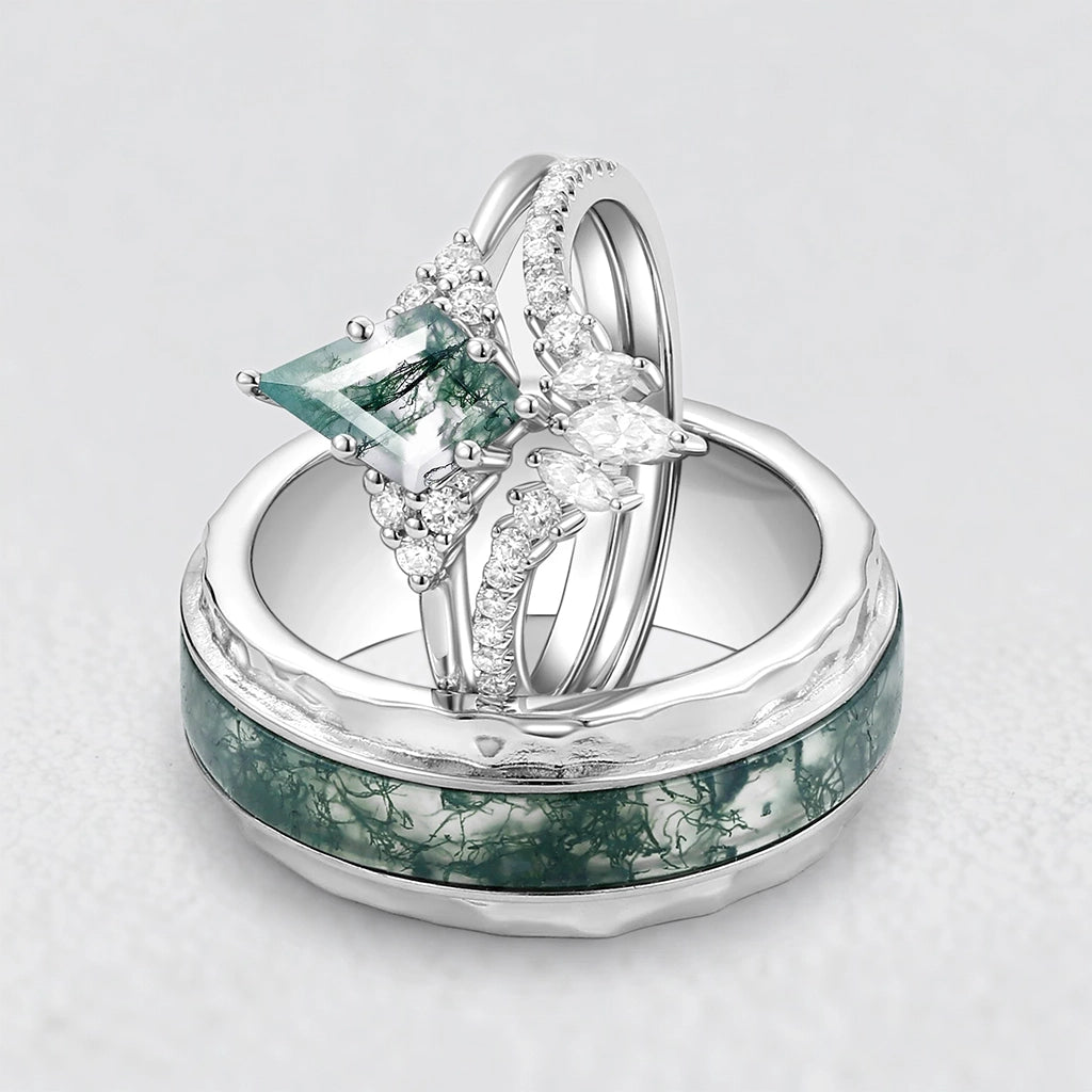Genevieve’s Harmony | Luxurious Eternal Moss Agate Couple Ring Set 3pcs.