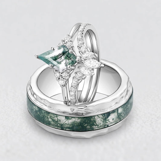 Genevieve’s Harmony | Luxurious Eternal Moss Agate Couple Ring Set 3pcs.