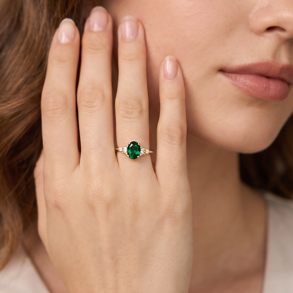 Isadora‘s Jardin | 1.5CT Classic Oval Emerald Engagement Ring with Diamond Accents