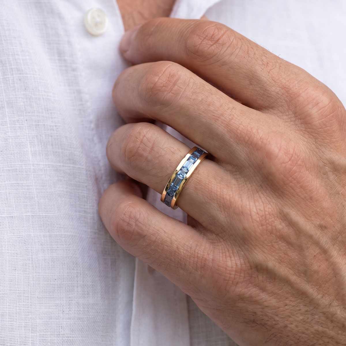 Odysseus’s Lodestar | Half-Eternity Alternating Square & Baguette Aquamarine Men’s Band