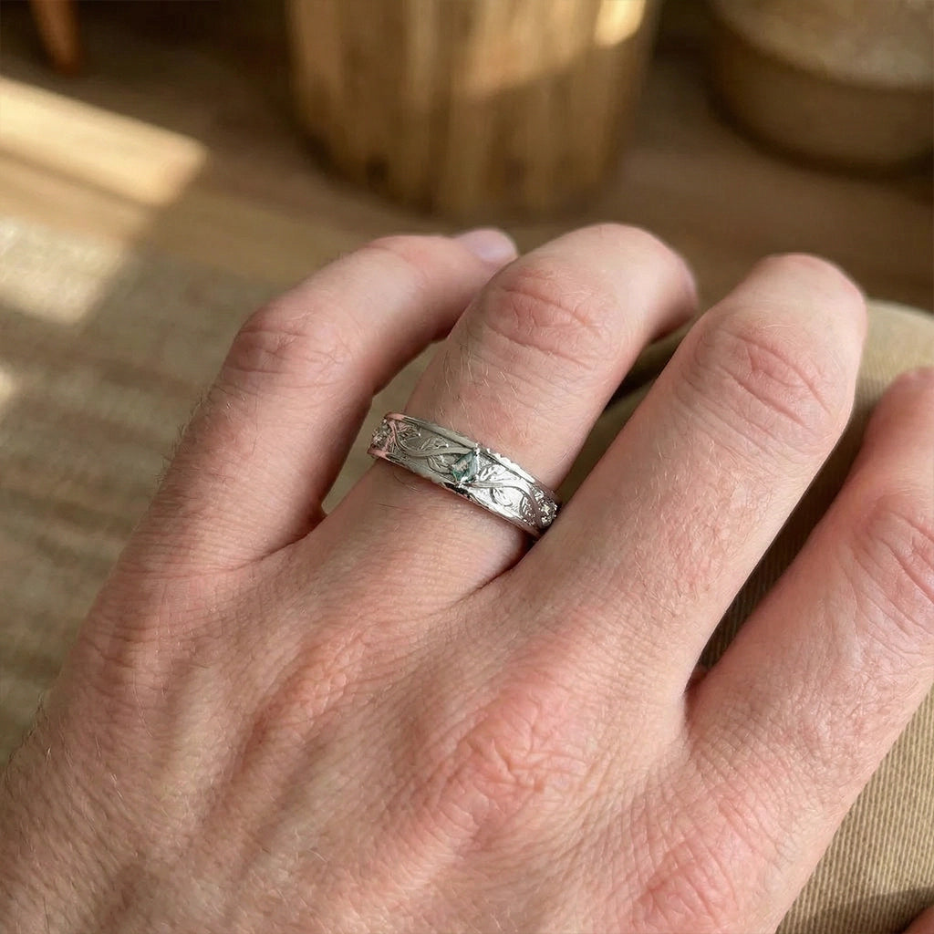 Pomona’s Bosk | Unique Kite Cut Moss Agate Leafy Couple Ring Set 3pcs.