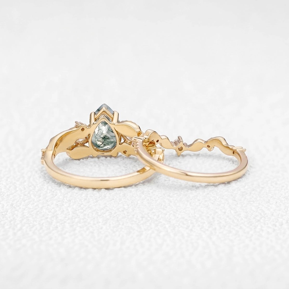 Rosalind’s Heirloom | Pear Cut Moss Agate Leafy Vintage Bridal Set 2pcs