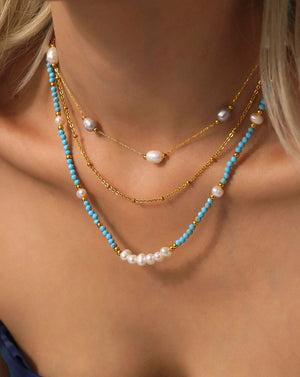 Handcrafted Boho Turquoise & Pearl Beaded necklace