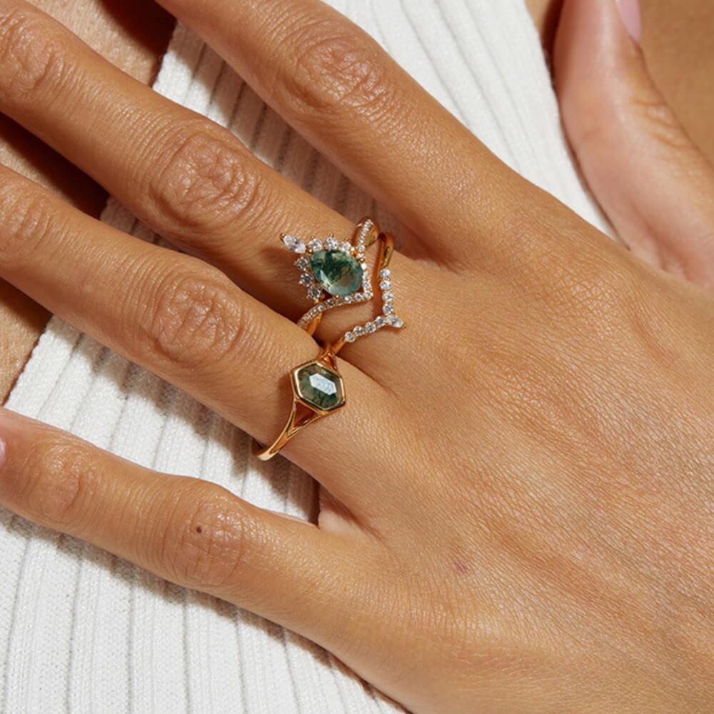 Pear Stack Moss Agate Leaf Engagement Ring Set.