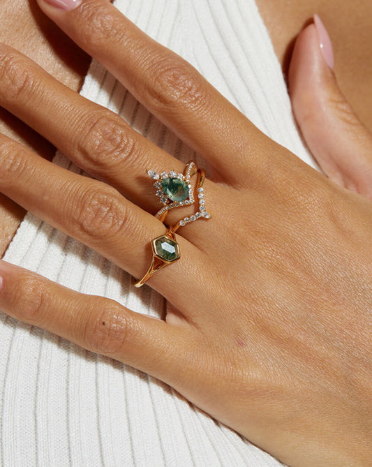 Pear Stack Moss Agate Leaf Engagement Ring