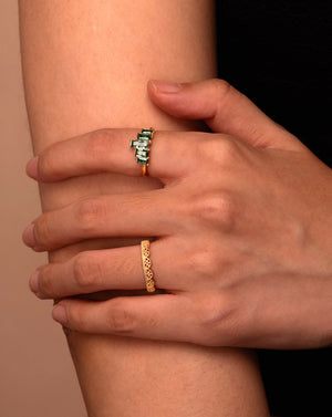 Gold Crown Stack Moss Agate Engagement Ring