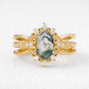 Isolde’s Enclave  | Vintage Long Hexagon Moss Agate & Moissanite Couple Ring Set 3pcs