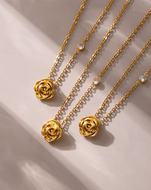 Delicate Gold Rose Pendant Necklace with Zirconia Charm