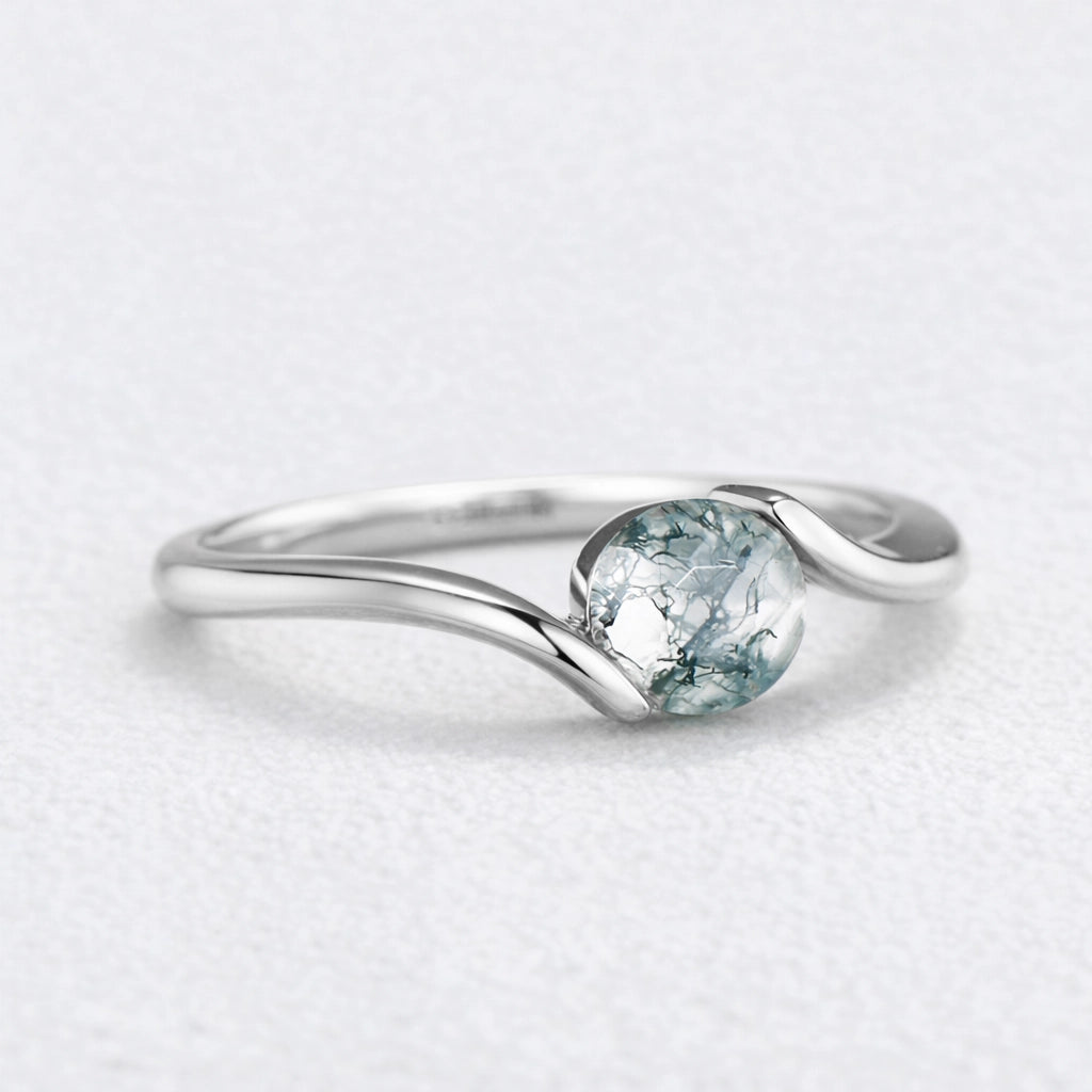 One Stone Duo | Round Moss Agate Couple Ring Set 2pcs.
