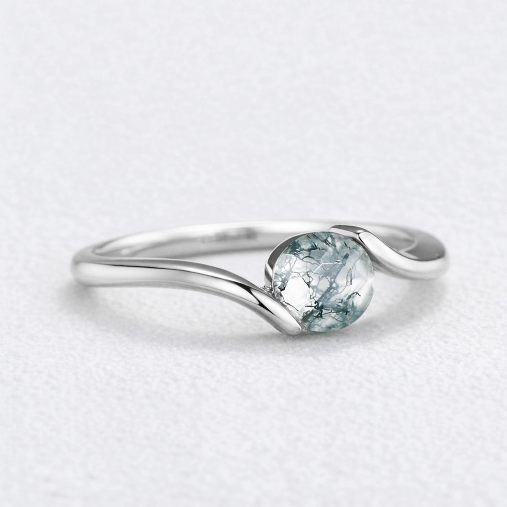 One Stone Duo | Round Moss Agate Couple Ring Set 2pcs.