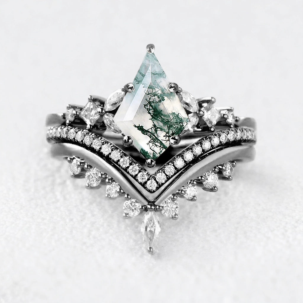 Sylvie’s Cascade | Kite Cut Moss Agate Stacking Bridal Set 3pcs.