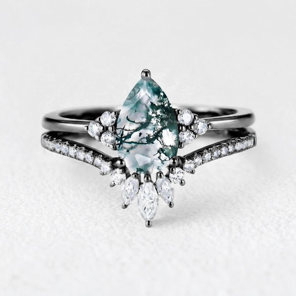 Genevieve’s Grace | Vintage Pear Cut Moss Agate Bridal Set 2pcs