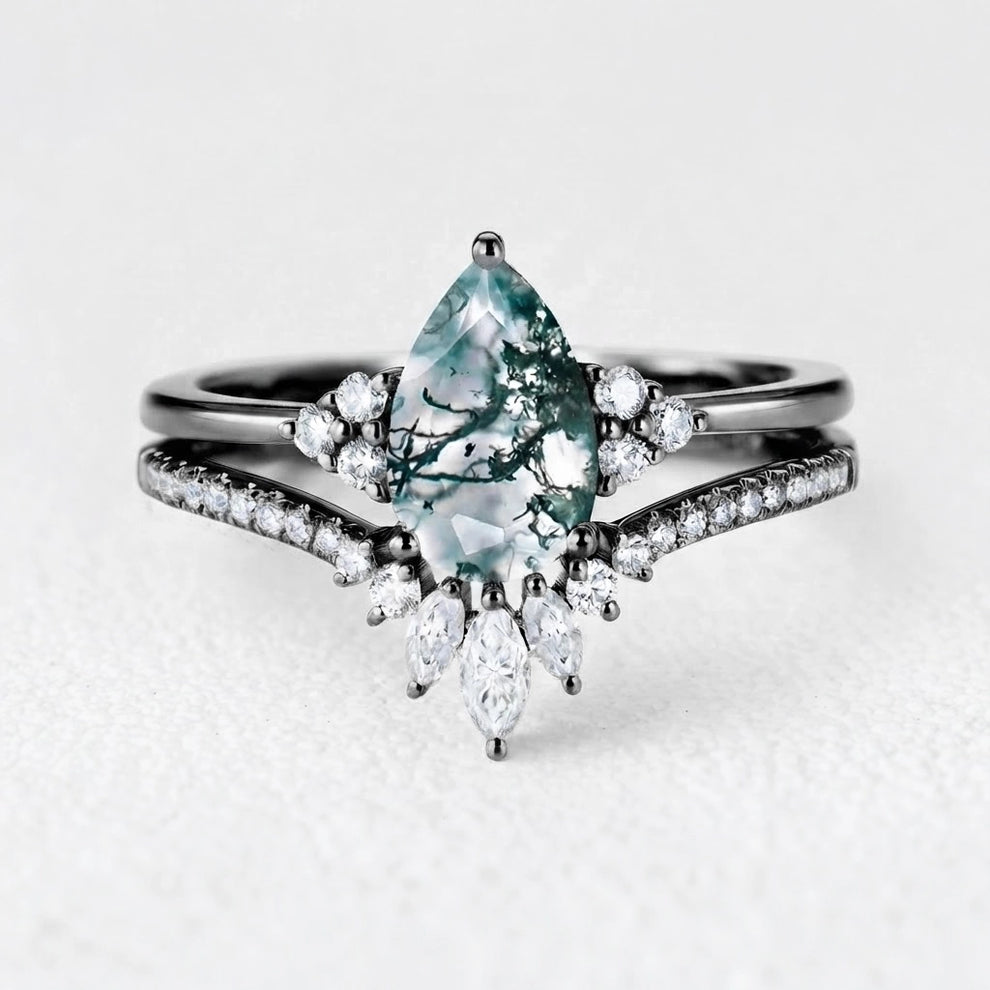 Genevieve’s Grace | Vintage Pear Cut Moss Agate Bridal Set 2pcs