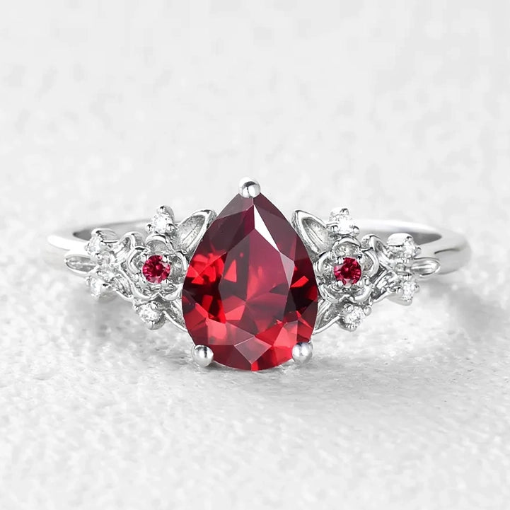 Scarlett’s Twig | Vintage Pear Red Ruby & Diamond Floral Bridal Set 2pcs.