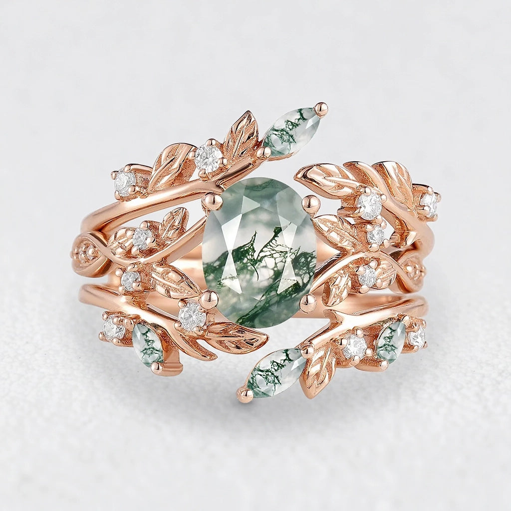 Sylvie’s Bower | Oval Cut Moss Agate Leafy Bridal Set 2pcs.
