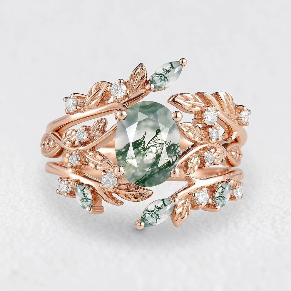 Sylvie’s Bower | Oval Cut Moss Agate Leafy Bridal Set 2pcs.