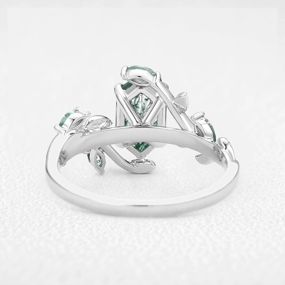 Sylvie’s Herbarium | Vintage Hexagon Moss Agate & Emerald Leafy Engagement Ring
