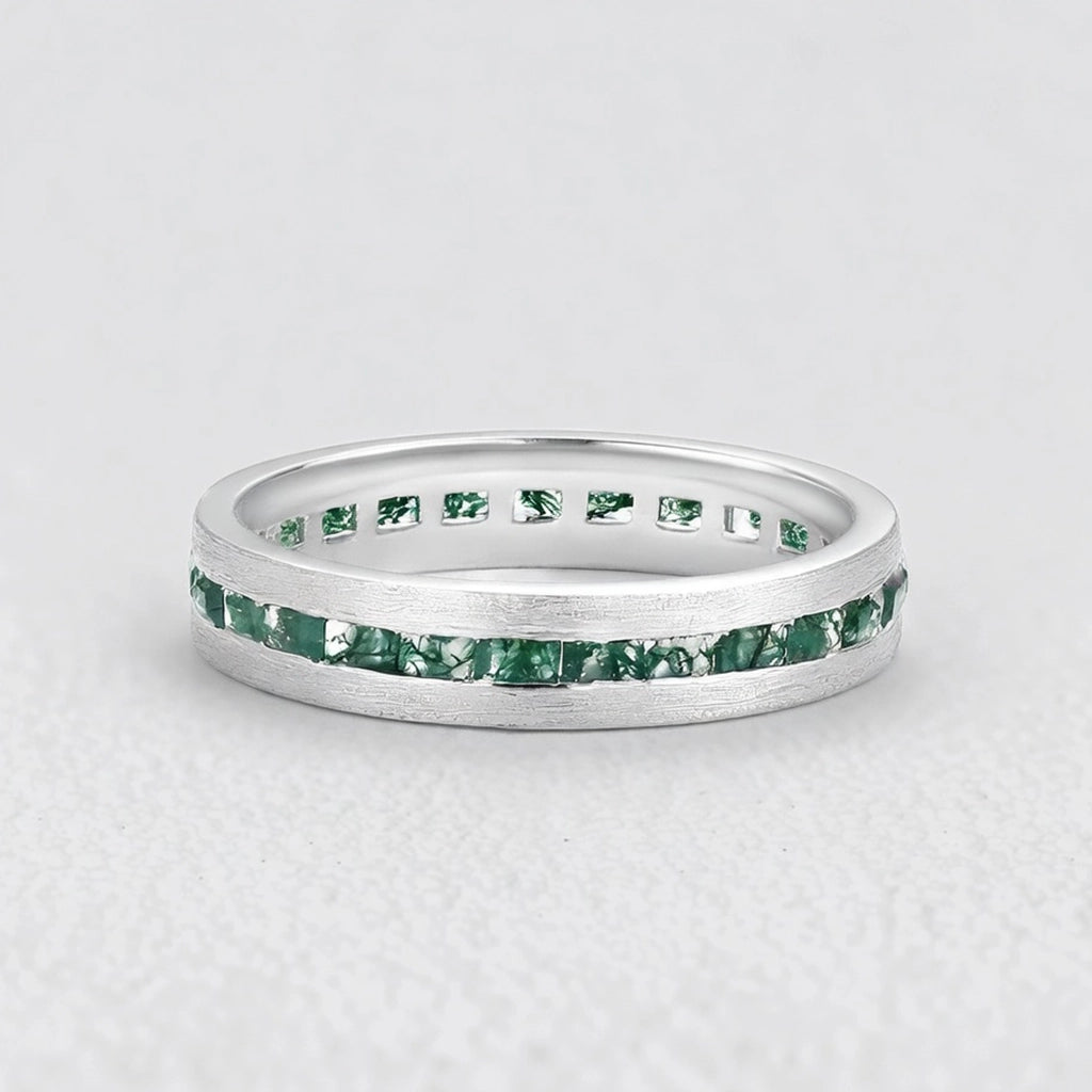 Maia’s Glade | Long Hexagon Moss Agate Leafy Couple Ring Set 3pcs.