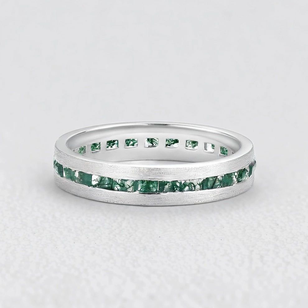 Maia’s Glade | Long Hexagon Moss Agate Leafy Couple Ring Set 3pcs.