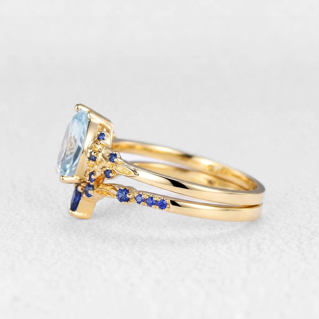 Isolde’s Tide | Vintage Pear Aquamarine & Sapphire Floral Bridal Set 2pcs.