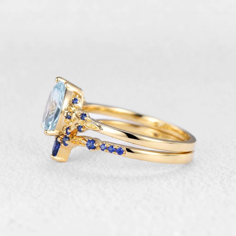 Isolde’s Tide | Vintage Pear Aquamarine & Sapphire Floral Bridal Set 2pcs.