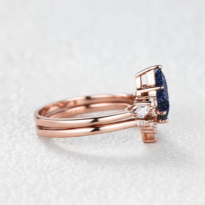 Stella’s Spark | Kite Cut Blue Sandstone & Marquise Moissanite Bridal Set 2pcs.