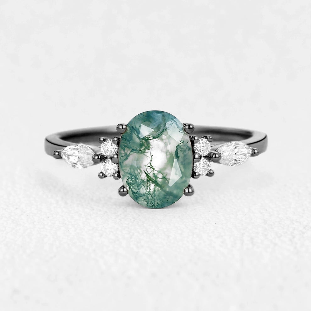 Oval Moss Agate Classic Engagement Ring.