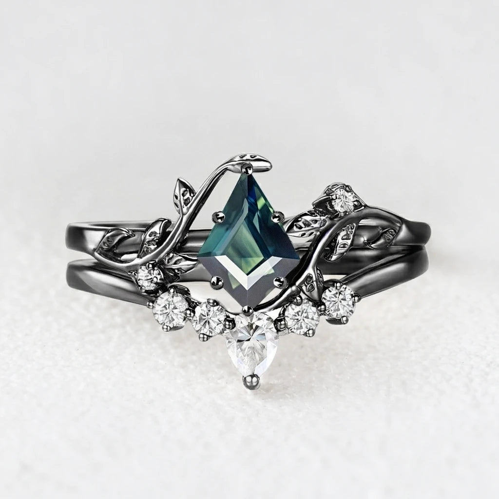 Kite Glade | Moss Agate Leafy Bridal Ring Set 2pcs