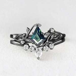 Kite Glade | Moss Agate Leafy Bridal Ring Set 2pcs