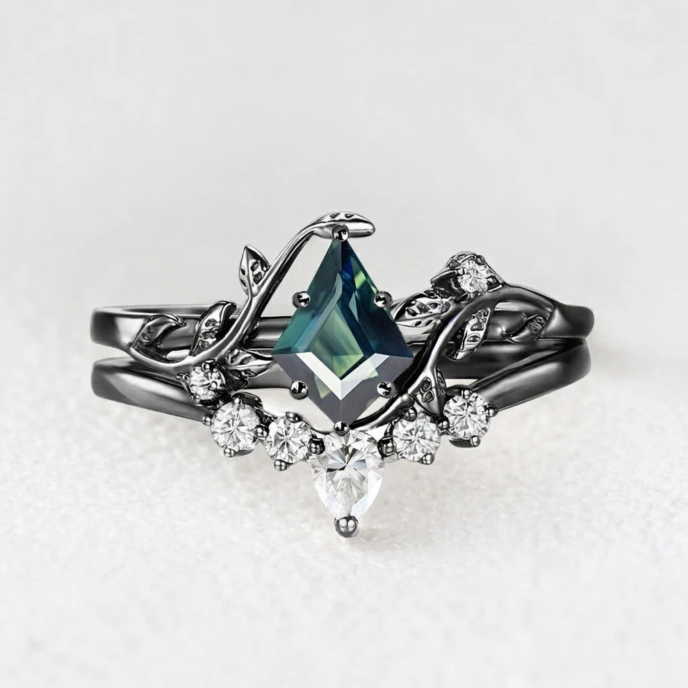 Kite Glade | Moss Agate Leafy Bridal Ring Set 2pcs