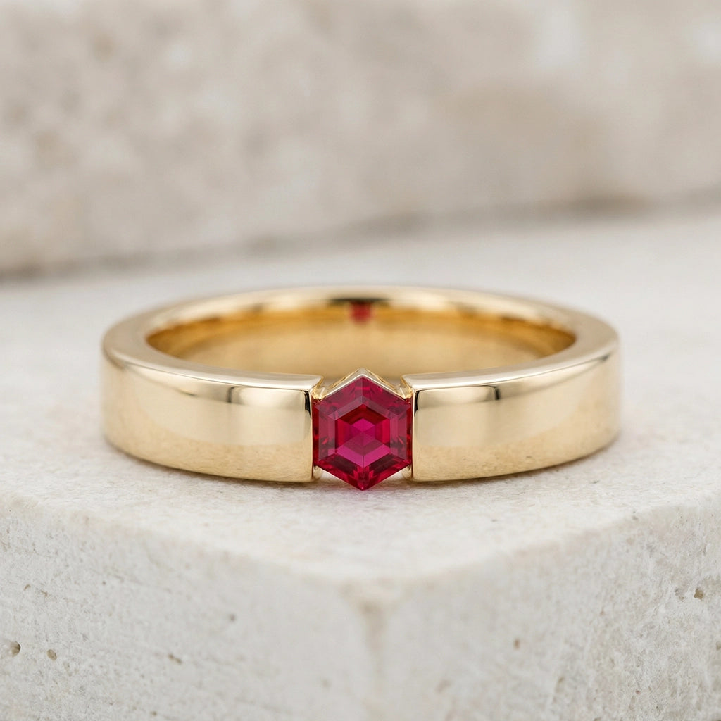 Ruben’s Hexagon | Ruby Tension Set Men's Wedding Band.