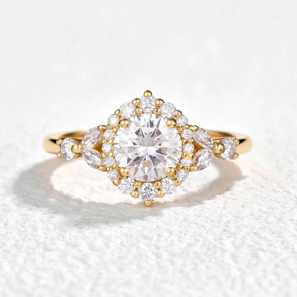 Aurora’s Radiance | Vintage Round Diamond Halo Engagement Ring.