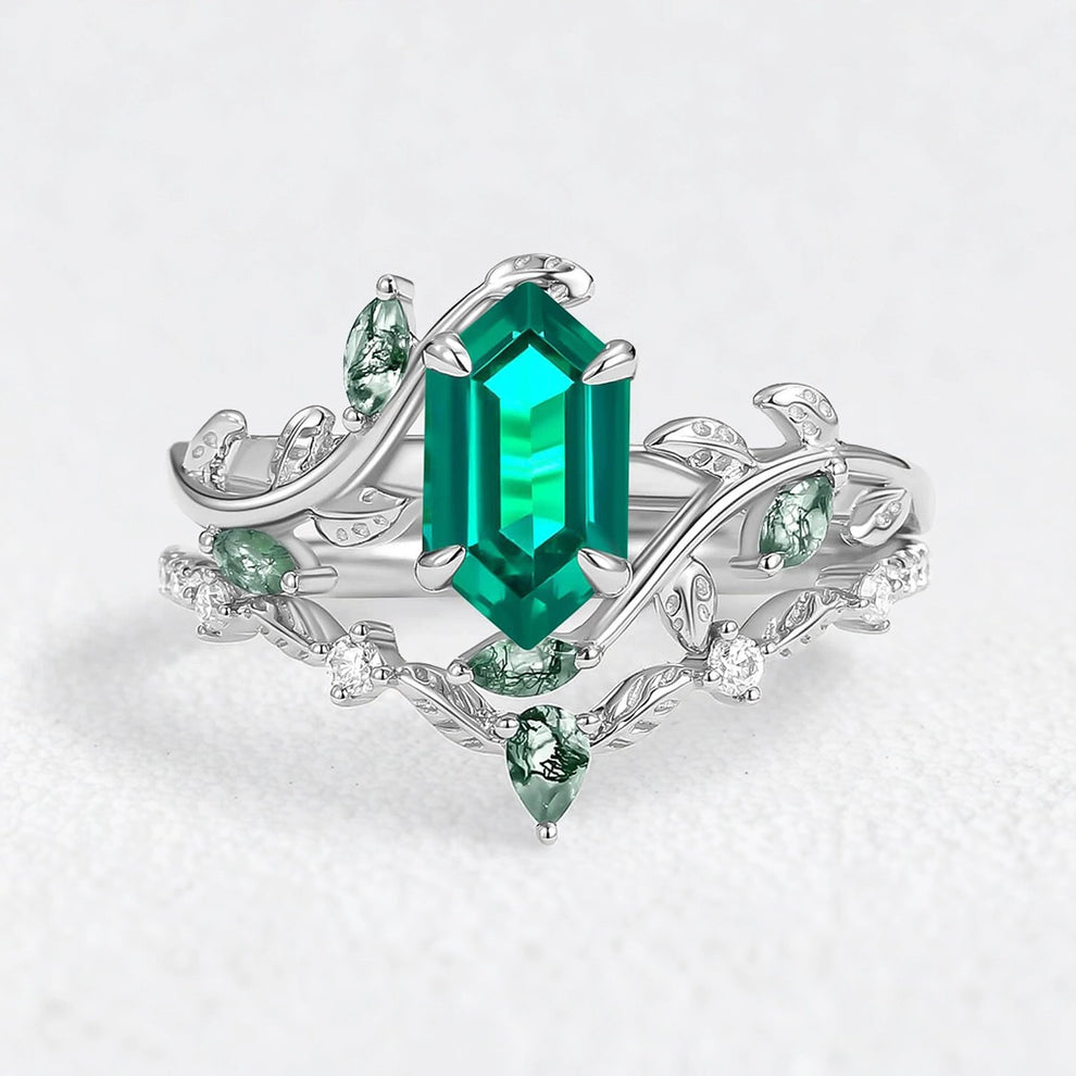Daphne’s Laurel | Hexagon Cut Moss Agate & Emerald Vine Duo