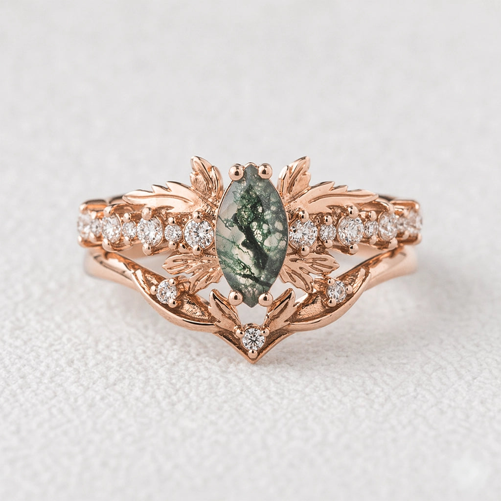 Aurora’s Moss Wing | Marquise Moss Agate Vintage Bridal Set 2pcs.
