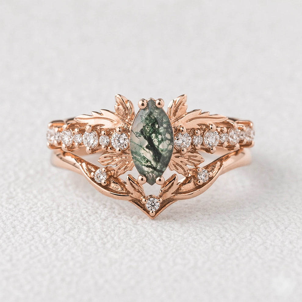 Aurora’s Moss Wing | Marquise Moss Agate Vintage Bridal Set 2pcs.