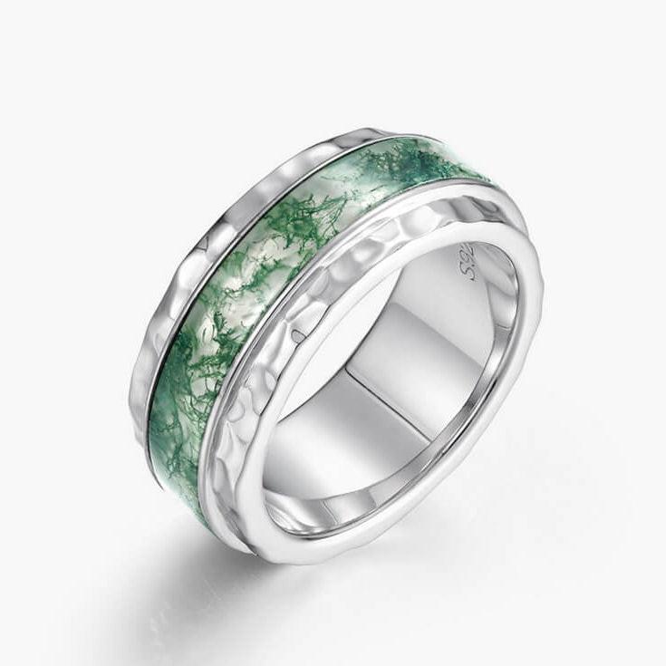 Vidar’s Forge | 8MM Hammered Moss Agate Inlay Men's Wedding Band.