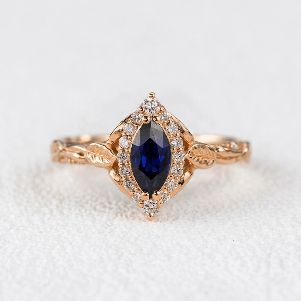 Victoria’s Diadem | Marquise Cut Sapphire & Diamond Halo Bridal Set 2pcs.