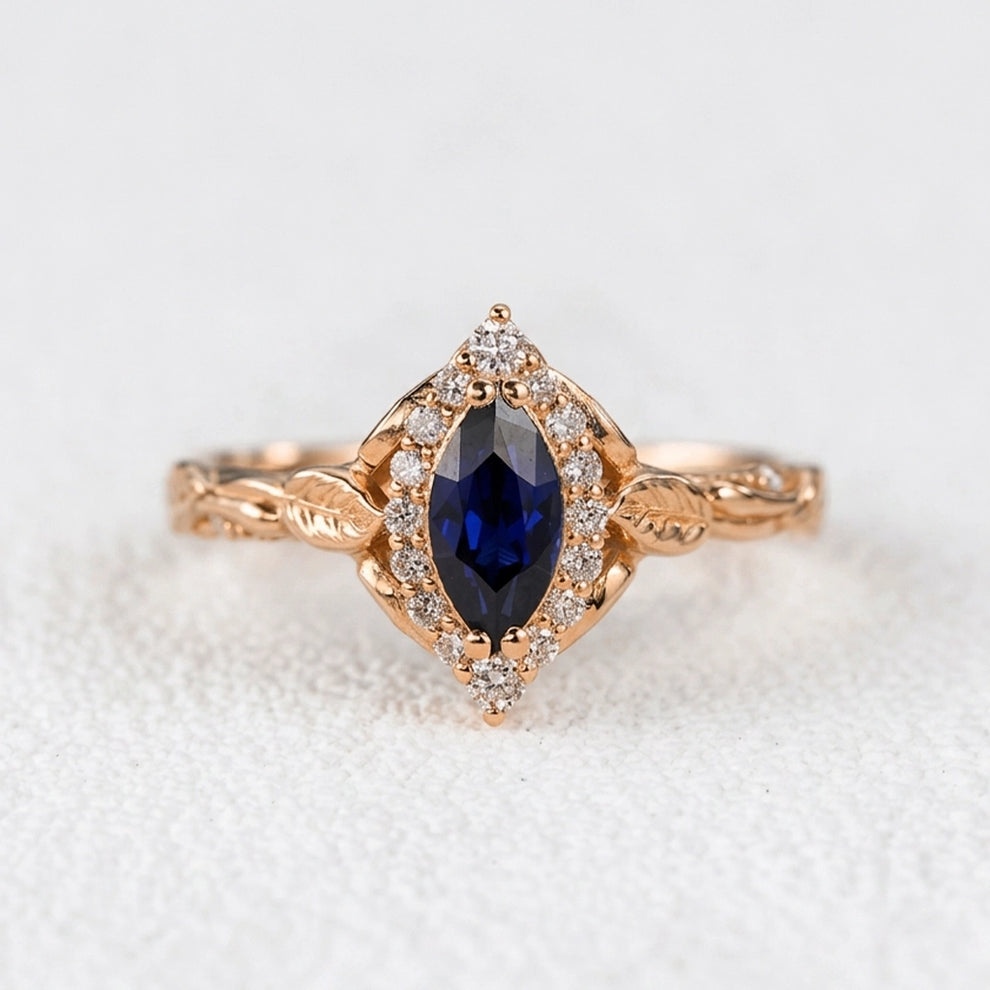 Victoria’s Diadem | Marquise Cut Sapphire & Diamond Halo Bridal Set 2pcs.