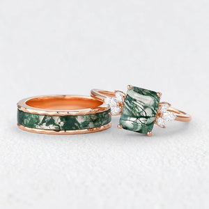 Flora’s Terrace | Emerald Cut Moss Agate Yellow Gold Couple Ring Set 2pcs.